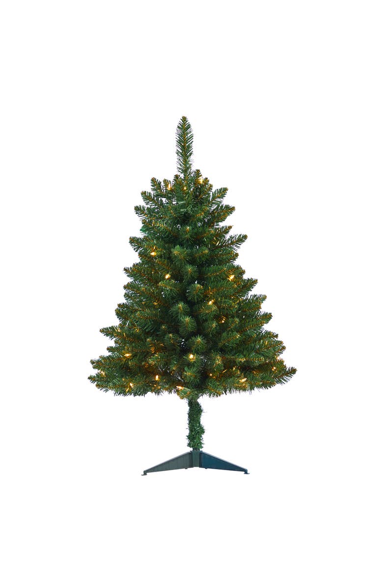 NEARLY NATURAL 3-ft Northern Rocky Spruce Artificial Christmas Tree with 50 Clear Lights and 154 Bendable Branches, Main, color, Green
