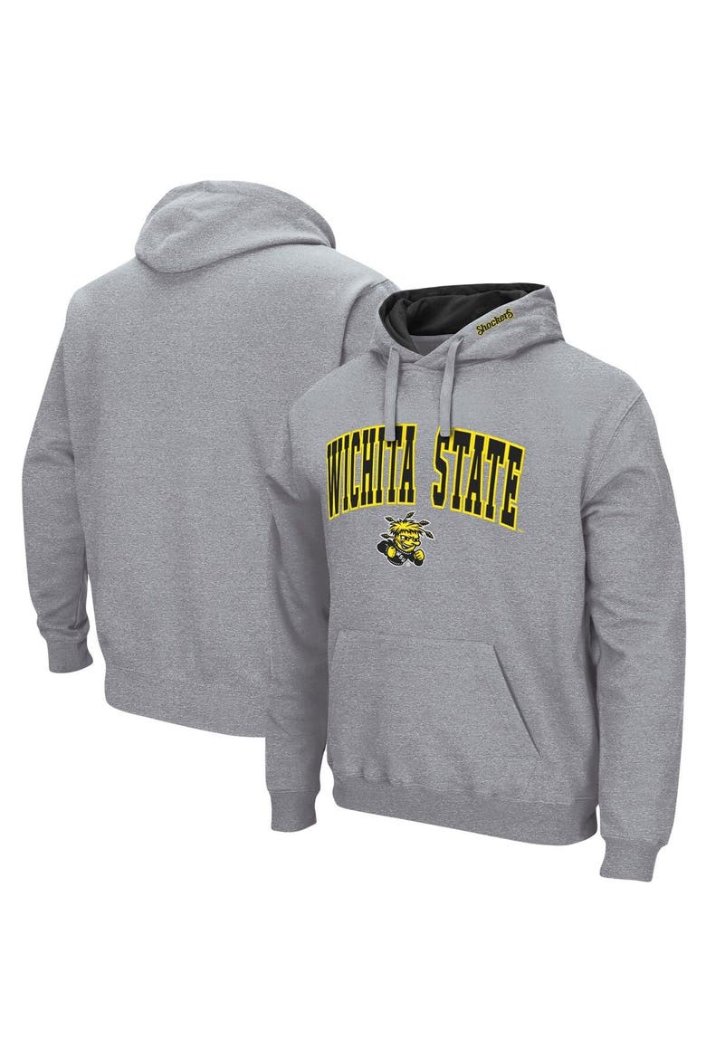 Men's Colosseum Heathered Gray Wichita State Shockers Arch and Logo Pullover Hoodie, Main, color, Heather Gray