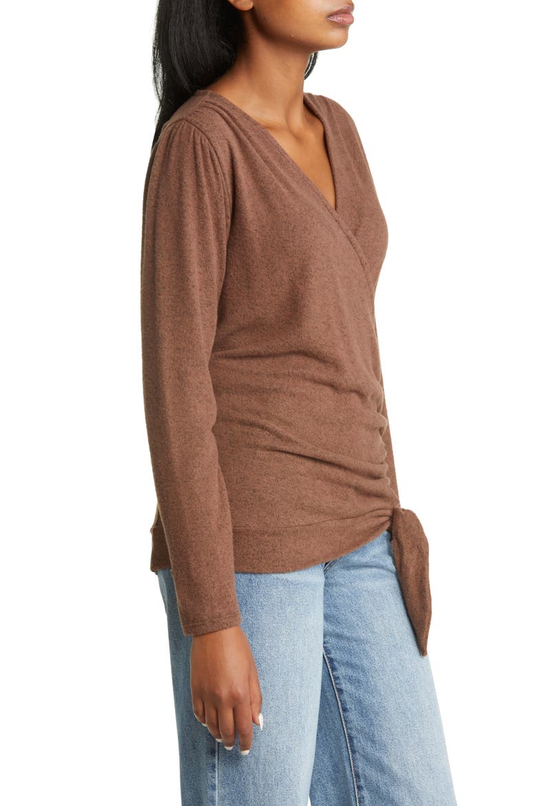 Long Sleeve Faux Wrap Top, Alternate, color, CHOCOLATE