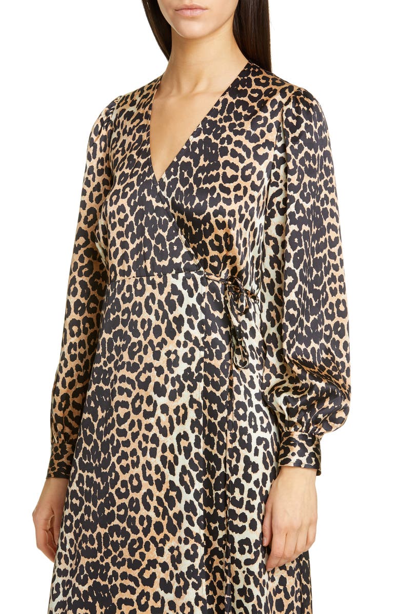 Ganni Leopard Print Long Sleeve Silk Satin Midi Wrap Dress, Alternate, color, 