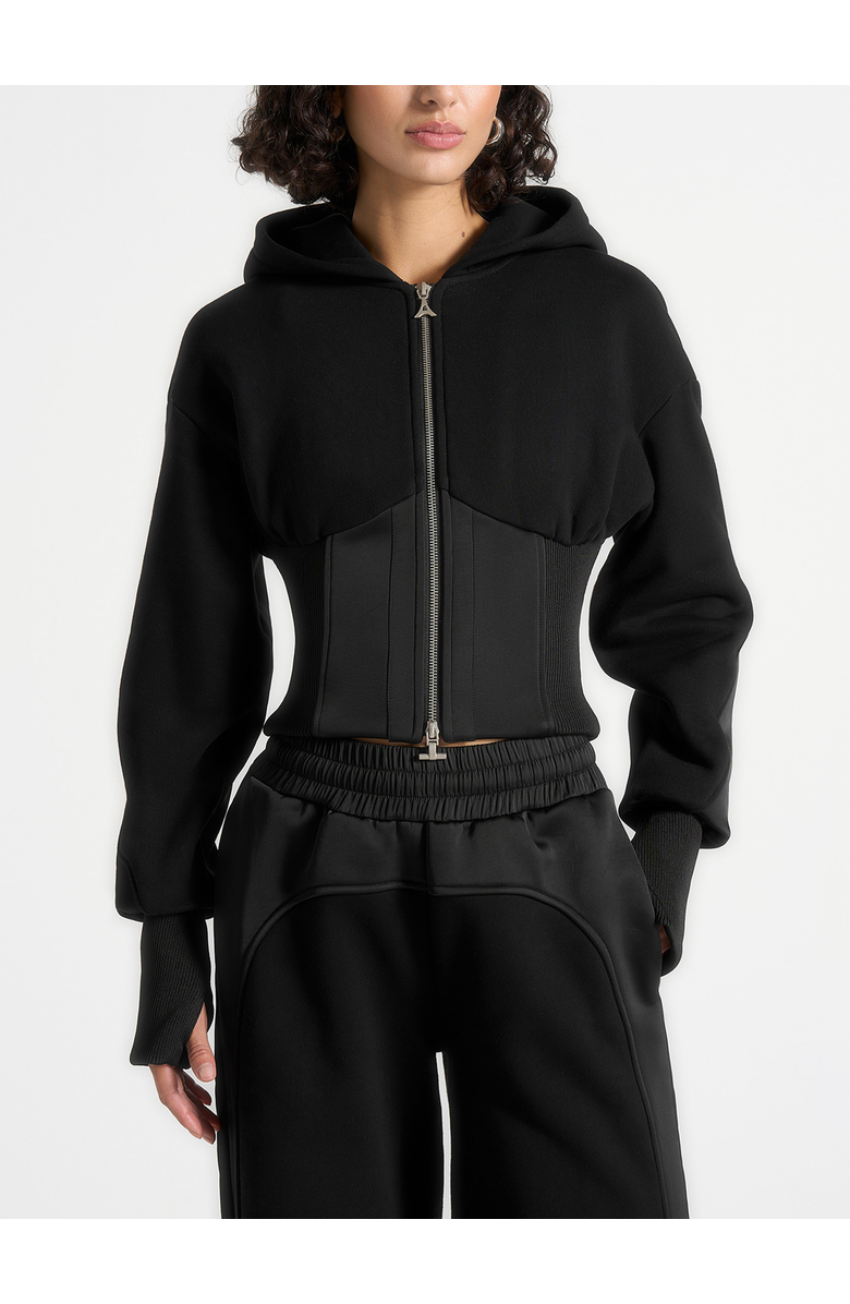 Manière De Voir Brune Corset Jersey And Satin Zip Hoodie, Main, color, Black