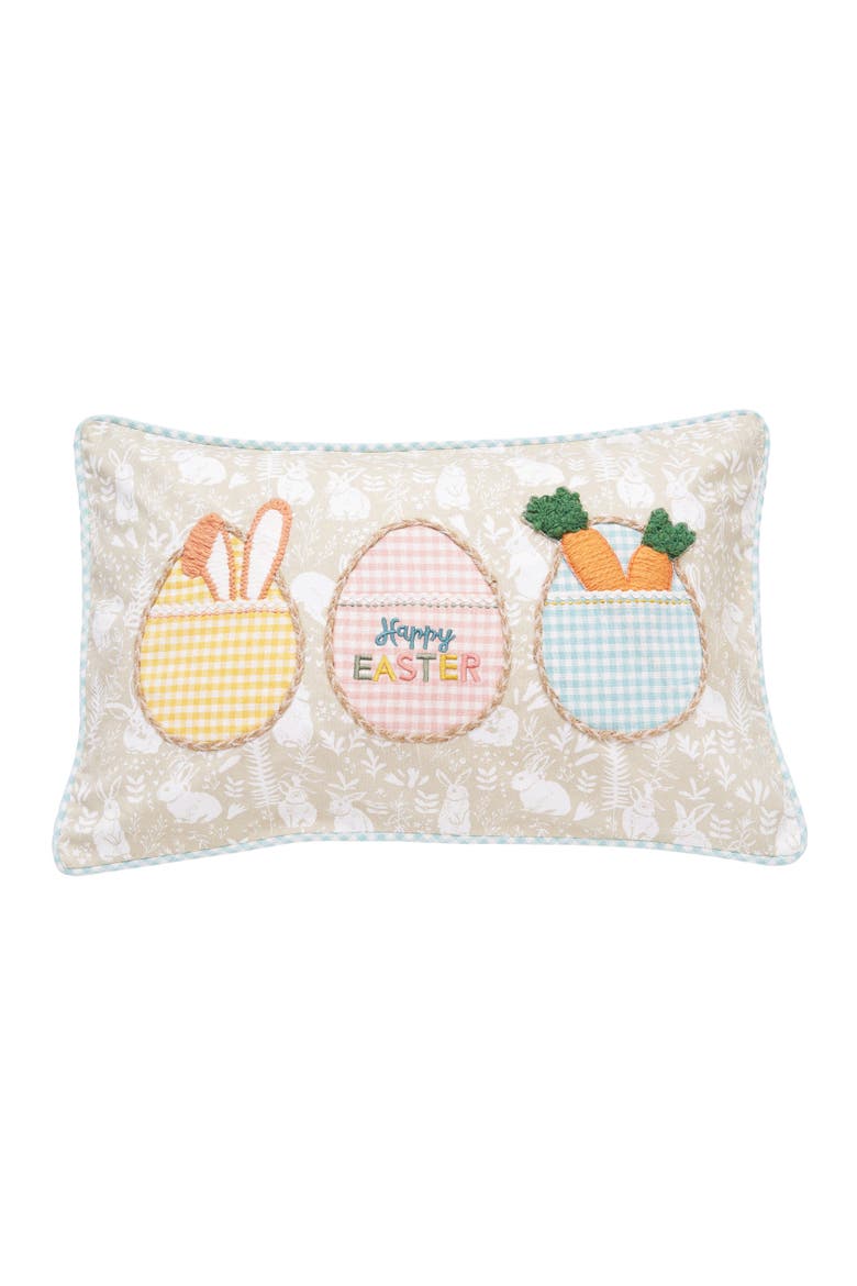 Plaid Egg Trio "Happy Easter" Cotton Blend Mini Accent Pillow 14" x 22", Main, color, Beige