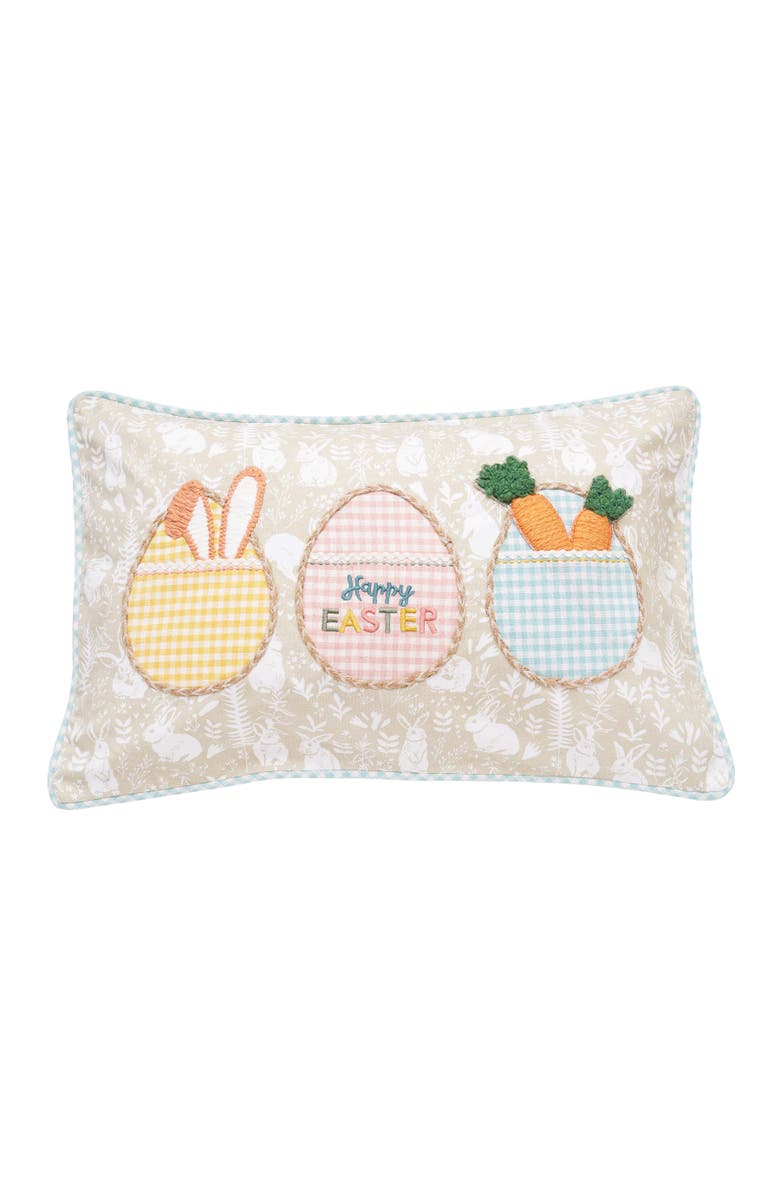 C&F Home Plaid Egg Trio "Happy Easter" Cotton Blend Mini Accent Pillow 14" x 22", Main, color, Beige