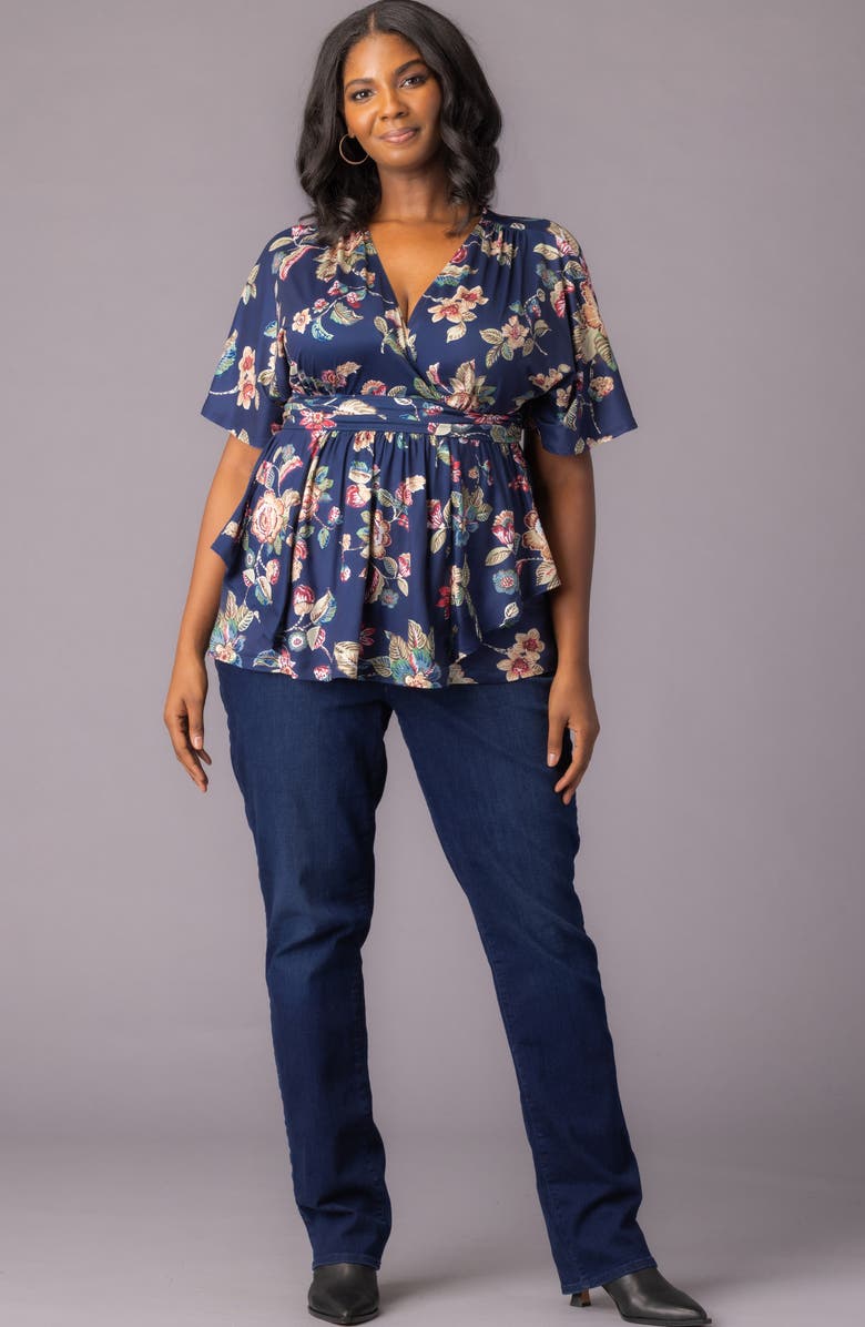 Kiyonna Encore Print Faux Wrap Top, Alternate, color, Navy Floral Motif