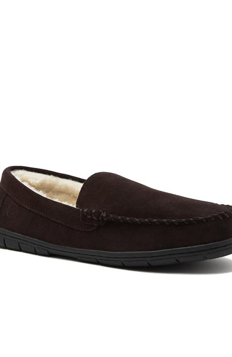 Wide Width Fuzzy Lined Suede Moccasin Slippers