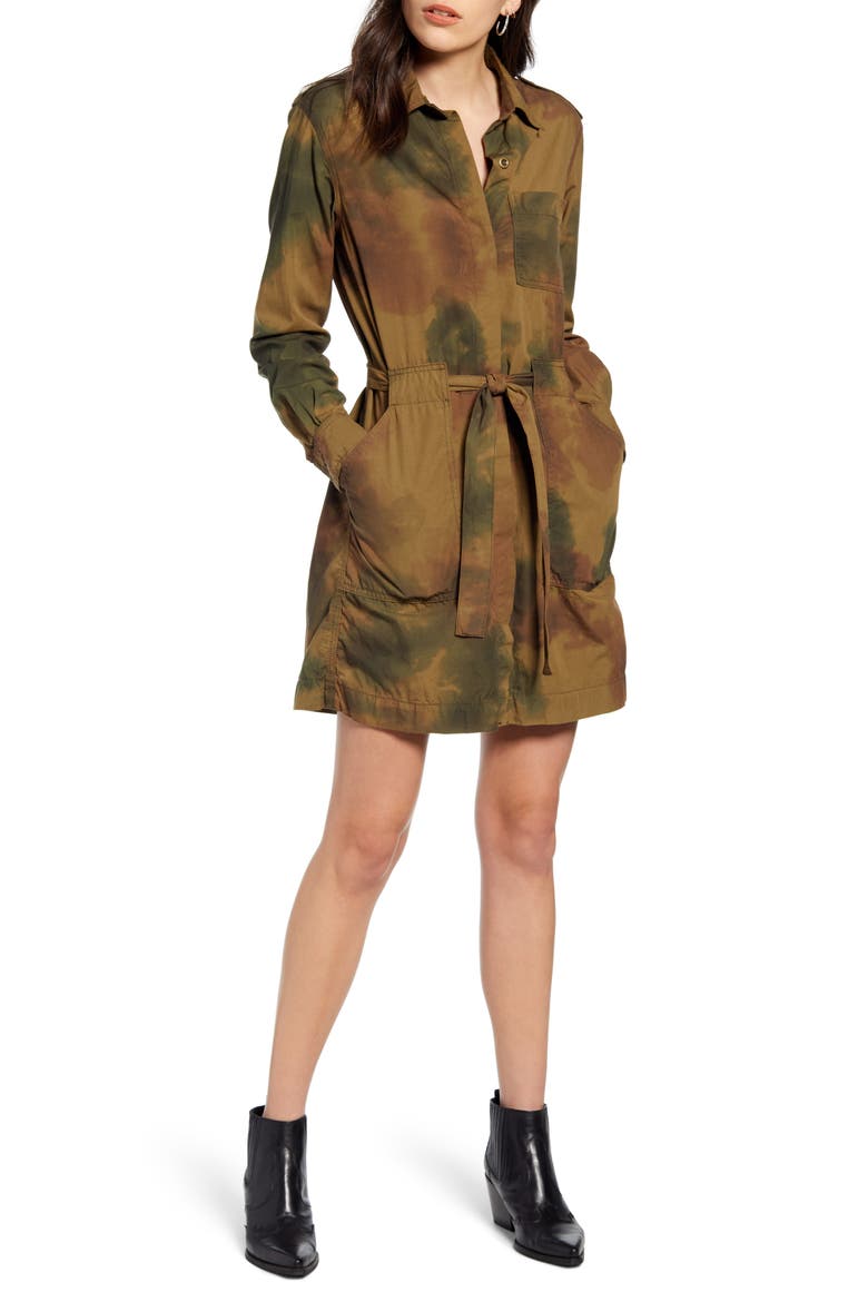 Justine Watercolor Camo Long Sleeve Cotton Shirtdress, Main, color, WATERCOLOR CAMO