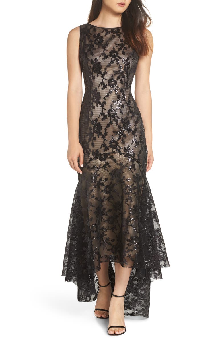 Eliza J Sequin & Lace High/Low Trumpet Gown, Main, color, 