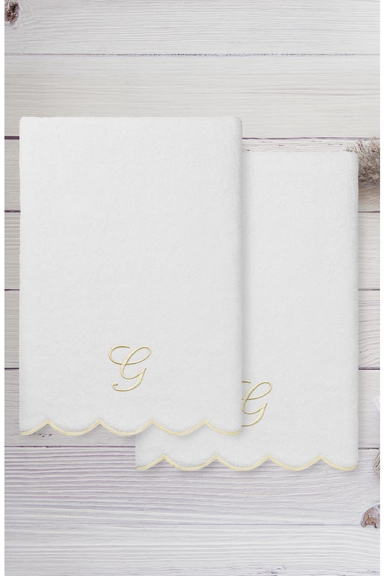 Adornia Scallop Set of 2 Monogram Bath Towels, Alternate, color, WHITE/ BEIGE G