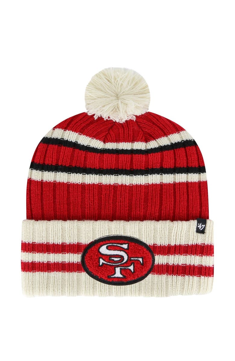 '47 Men's '47  Scarlet/Cream San Francisco 49ers Legacy No Huddle Cuffed Knit Hat with Pom, Main, color, 