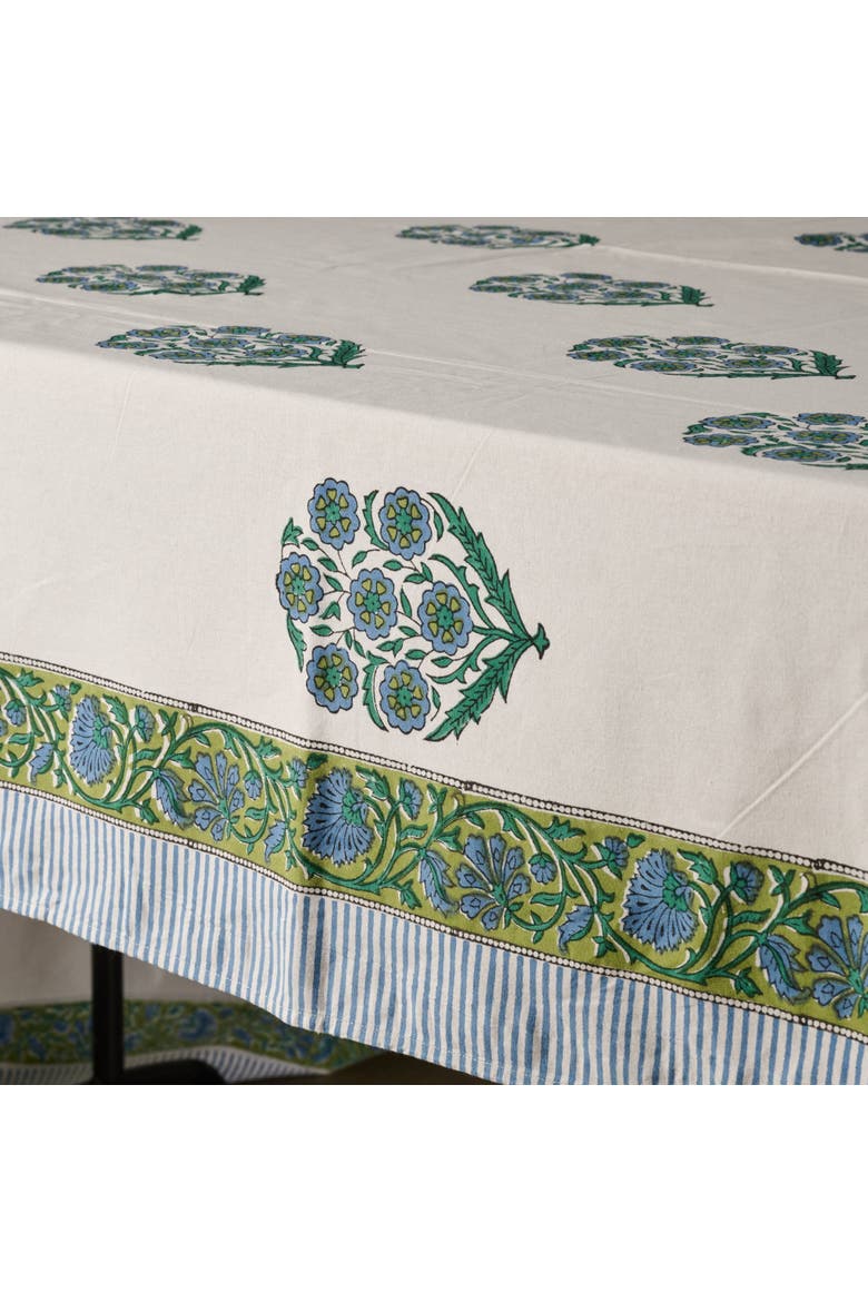 Devika Floral + Stripe Block Print Tablecloth, Alternate, color, Ivory