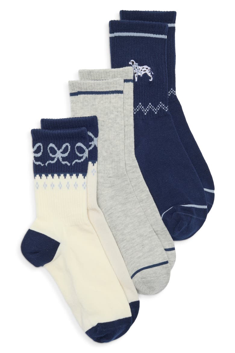 Assorted 3-Pack Embroidered Sporty Crew Socks, Main, color, DALMATIAN BLUE BOW MULTI