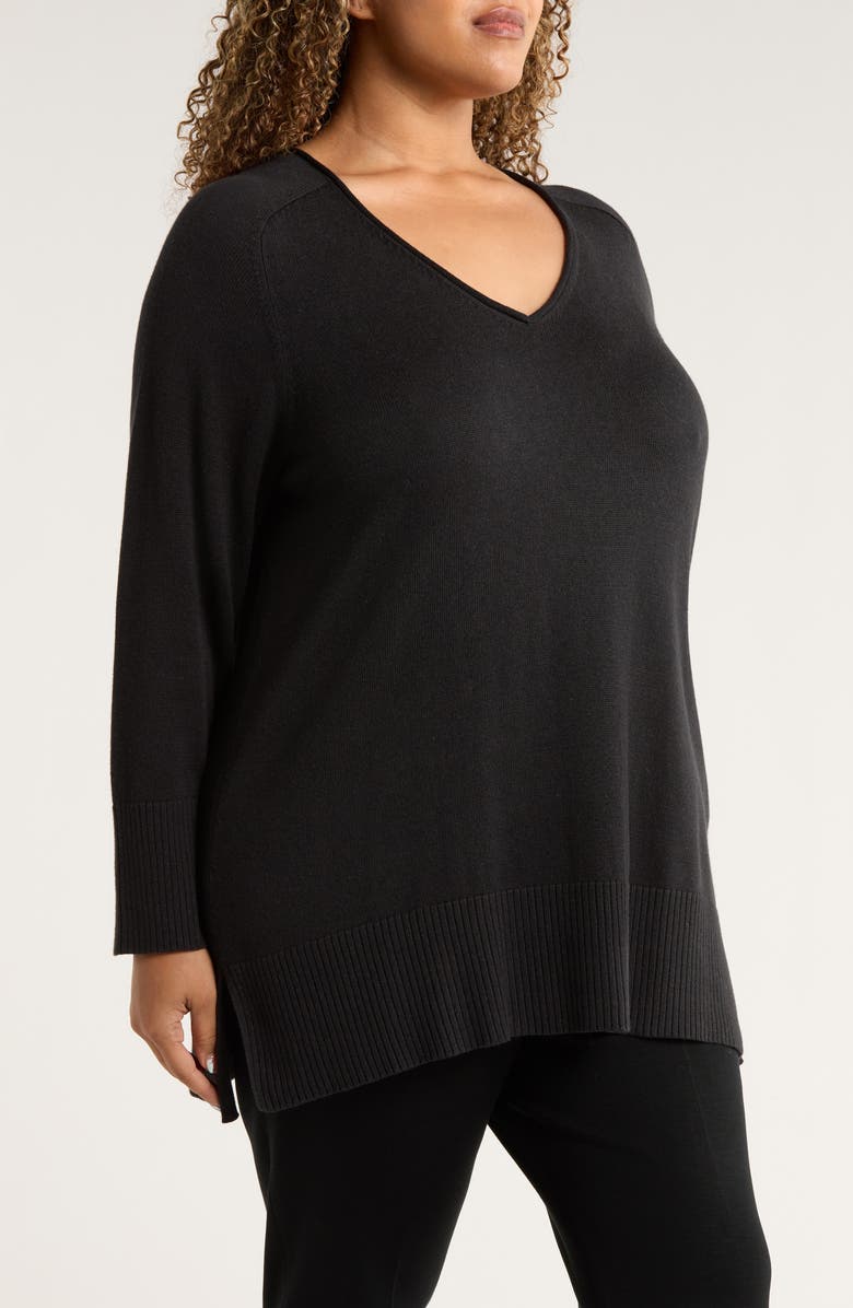 Eileen Fisher V-Neck Cotton Blend Sweater, Alternate, color, Black