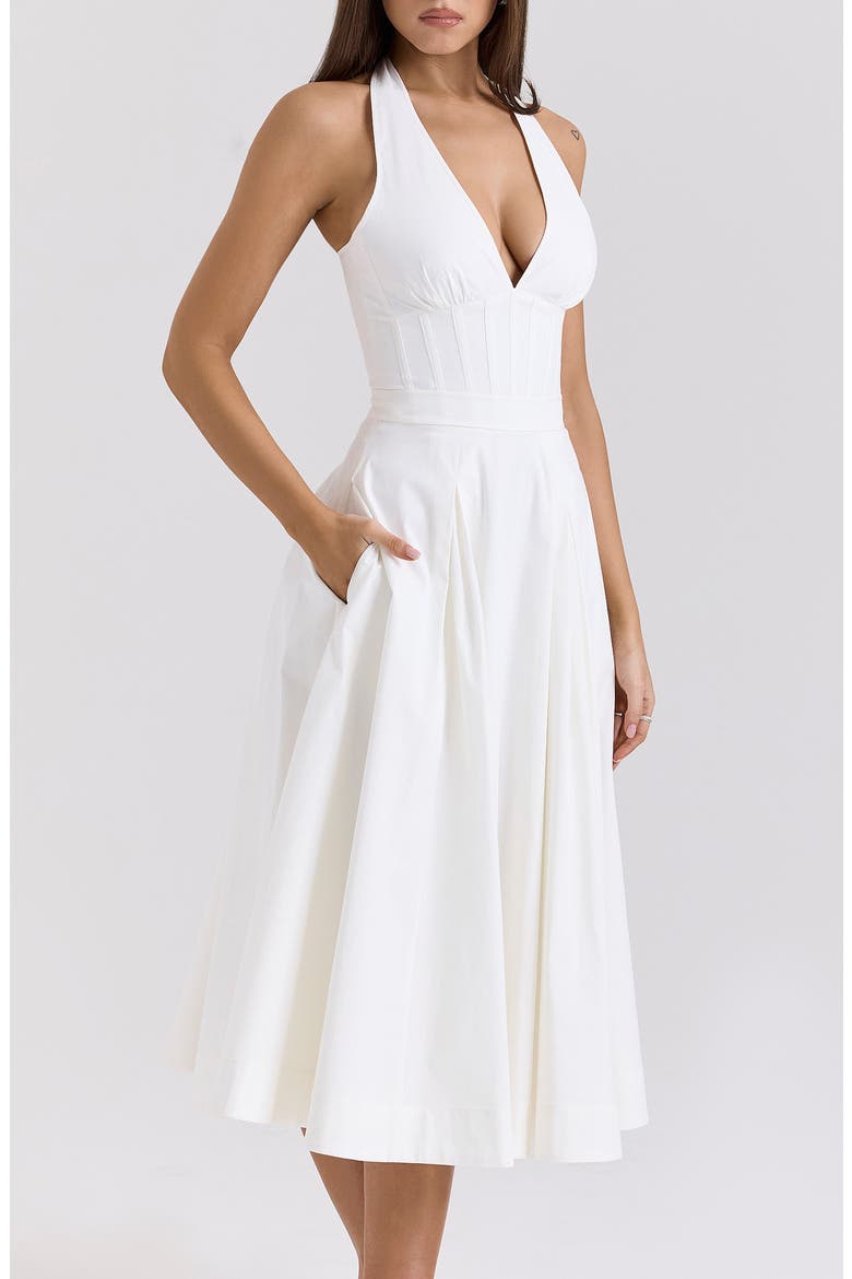 Allena Halter Stretch Cotton Midi Dress, Alternate, color, WHITE