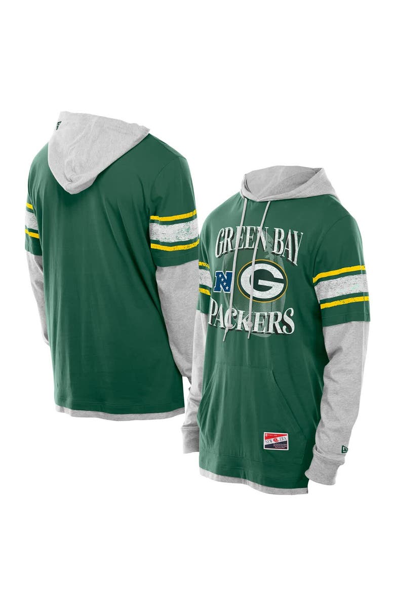 New Era Men's New Era Green Green Bay Packers Twofer Layered Long Sleeve Hoodie T-Shirt, Main, color, 