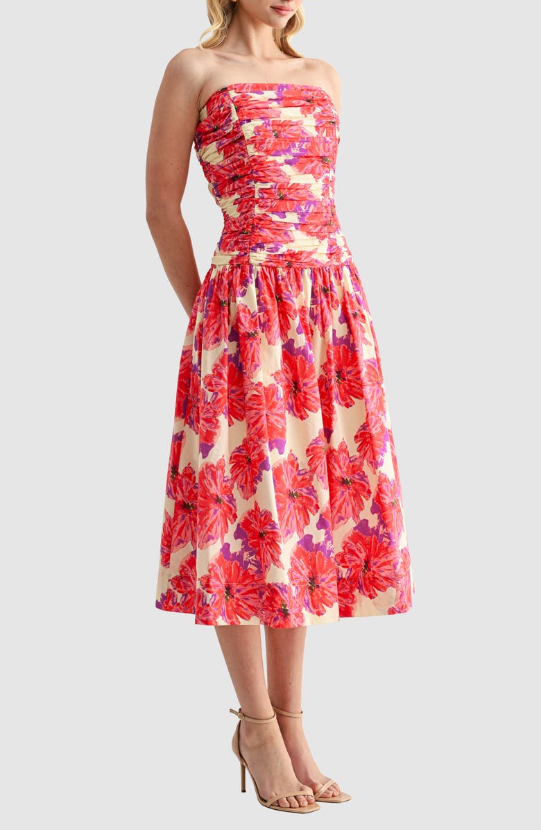 All in Favor Floral Strapless Cotton Midi Dress, Alternate, color, Floral