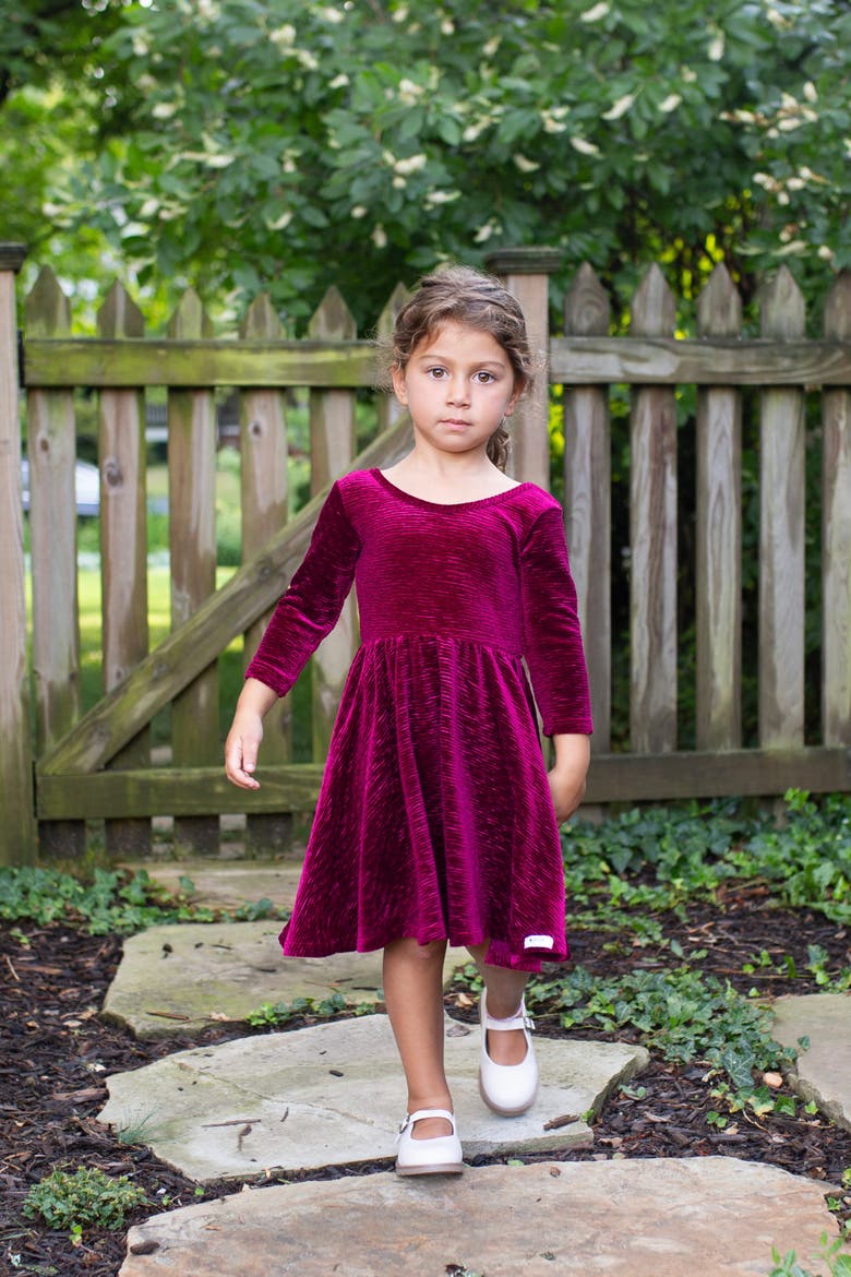 Girls Holiday Bodre Velvet Twirly Dress, Alternate, color, Burgundy