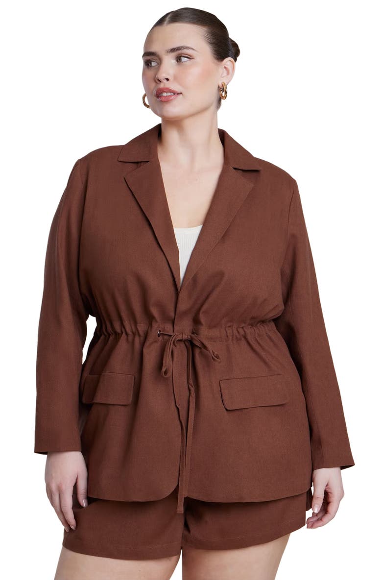 ELOQUII Drawstring Waist Linen Blazer, Main, color, Downtown Brown