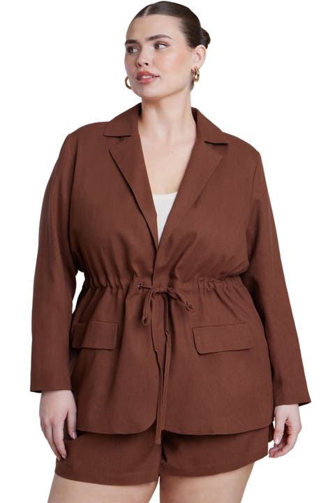 Drawstring Waist Linen Blazer (Plus)