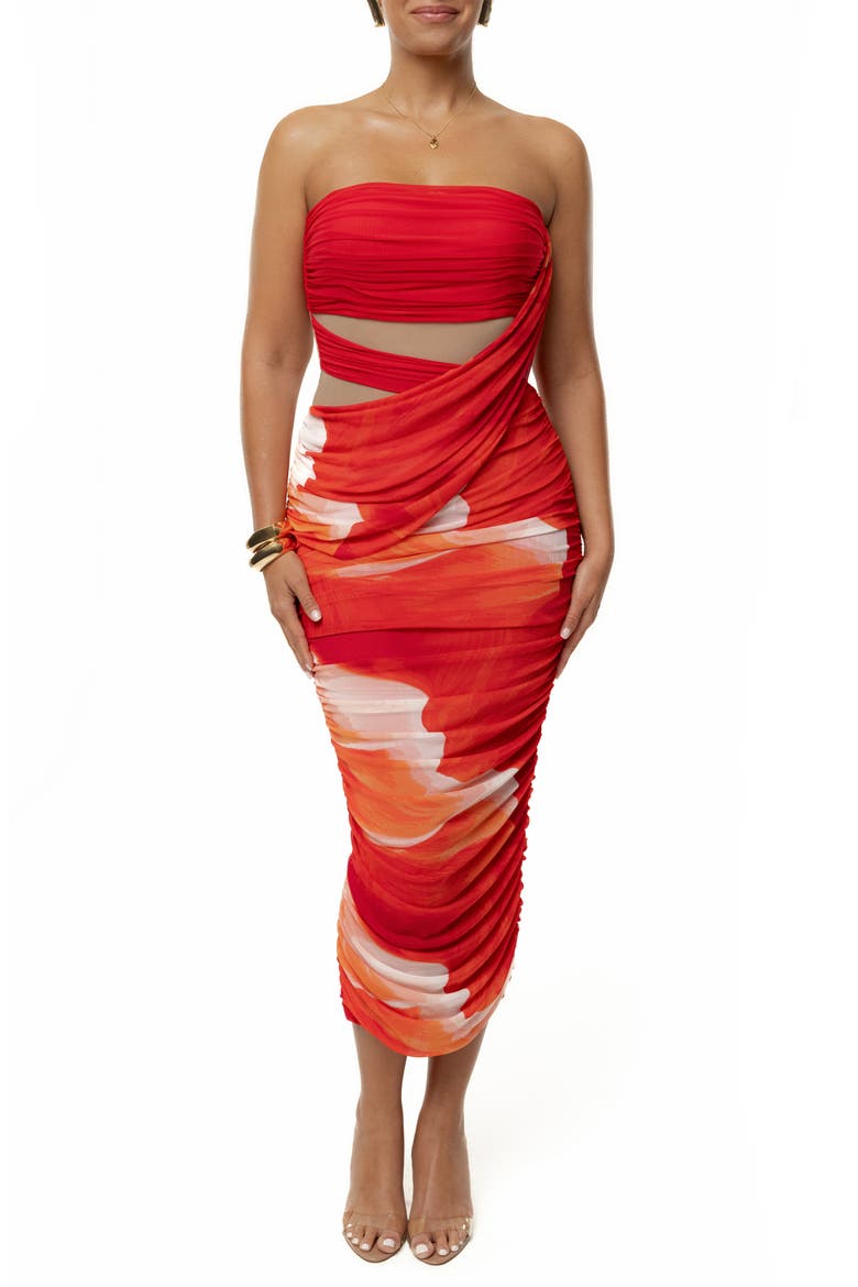 Ruched Strapless Body-Con Midi Dress, Main, color, RED