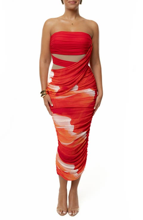 Ruched Strapless Body-Con Midi Dress