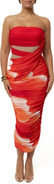 JLUXLABEL Ruched Strapless Body-Con Midi Dress