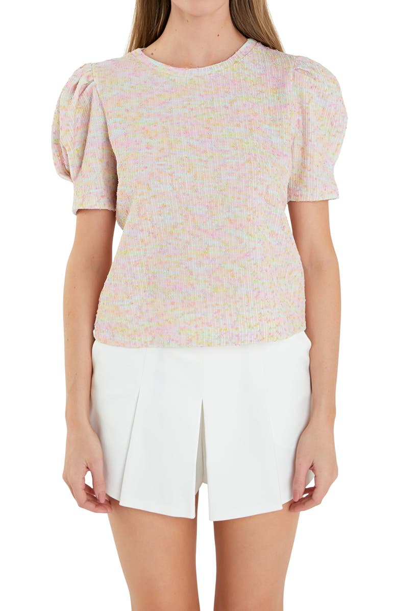 English Factory Rainbow Puff Sleeve Sweater, Alternate, color, Pink Multi