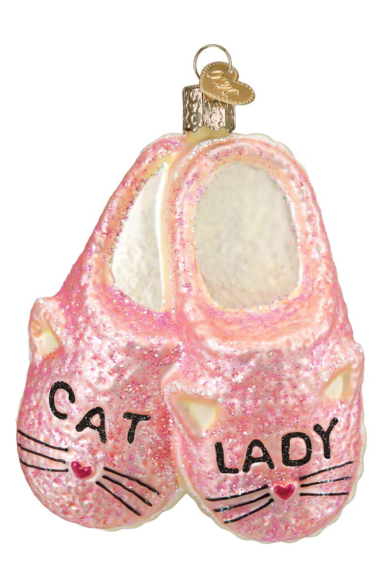 Old World Christmas Cat Lady Slippers Glass Ornament, Main, color, Pink