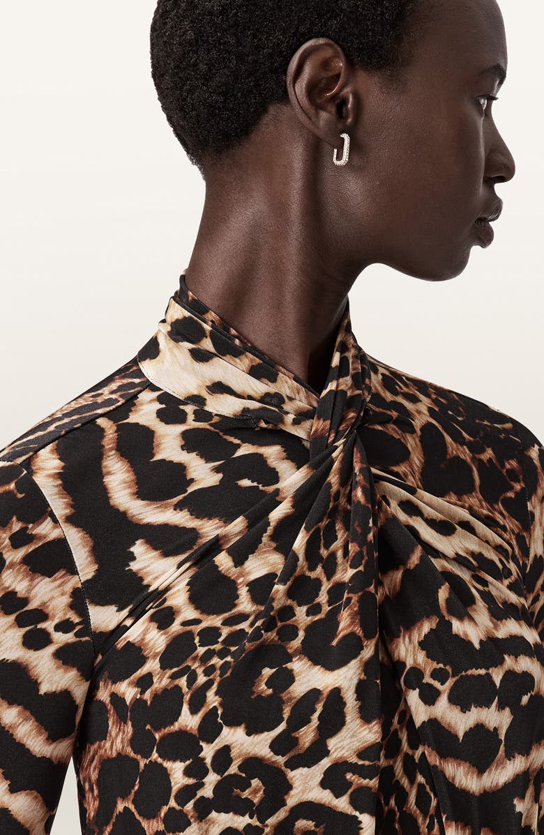 AllSaints Mina Ruched Print Long Sleeve Maxi Dress, Alternate, color, Pardus Honey Brown