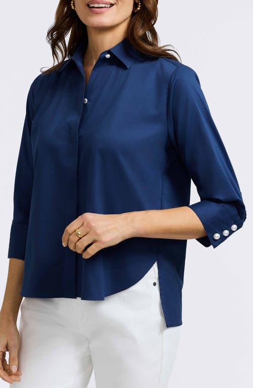 Foxcroft Pearl Three-quarter Sleeve Button-up Shirt In Navy