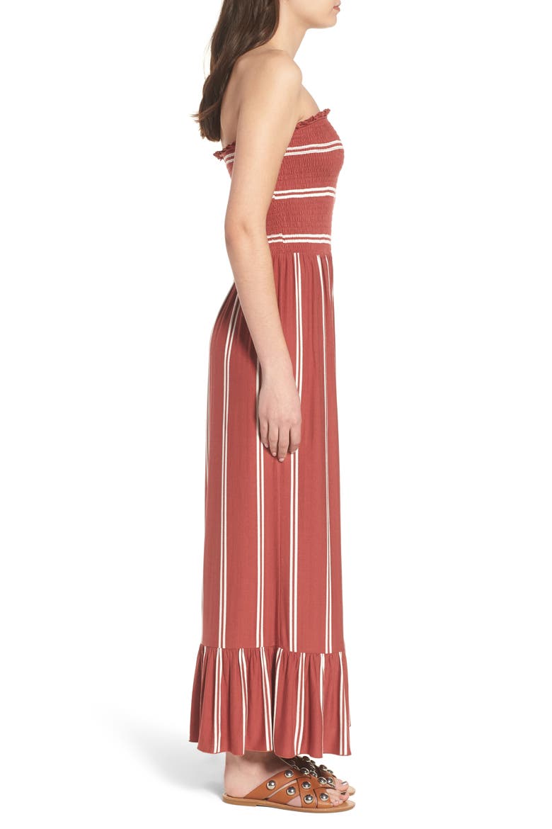 Smocked Ruffle Hem Jumpsuit, Alternate, color, RUST MARSALA SUH STRIPE