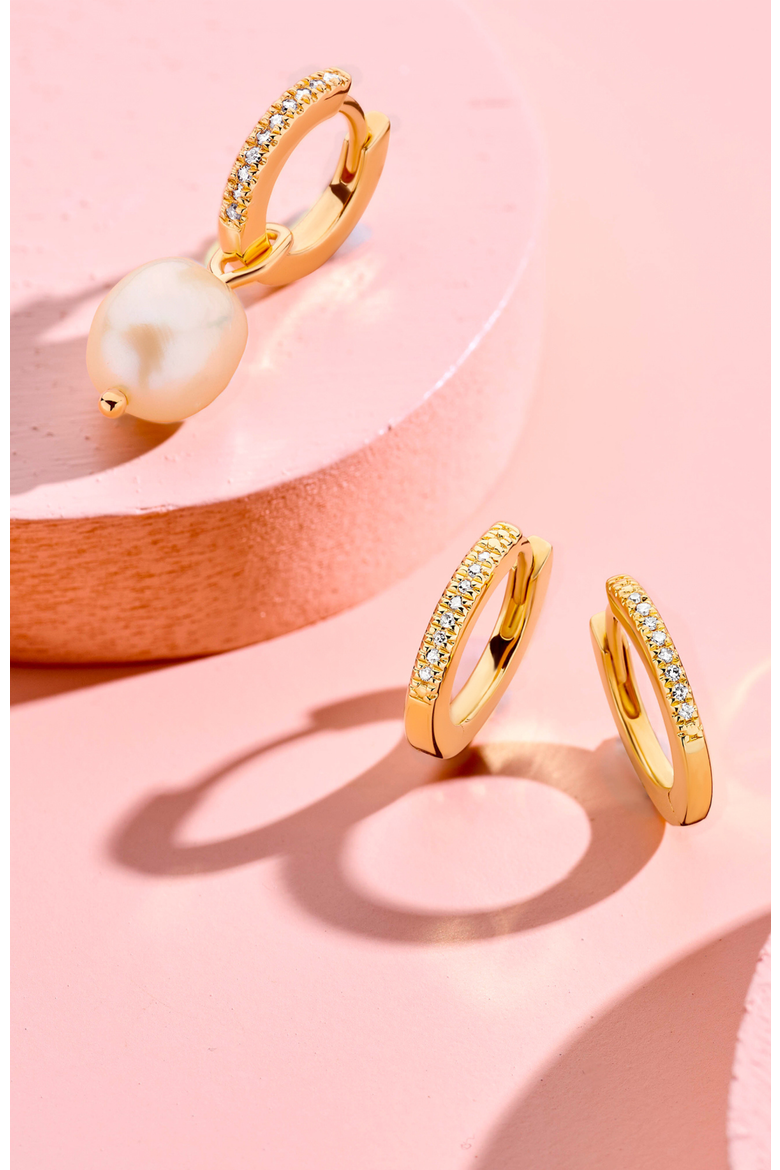 Endless Pearl Diamond Earrings | 20 natural diamonds - 2 freshwater pearls | 925 Sterling Silver | Earrings | Hoop | Yellow 18k-Gold Plated, Alternate, color, Yellow 18k Gold Plated