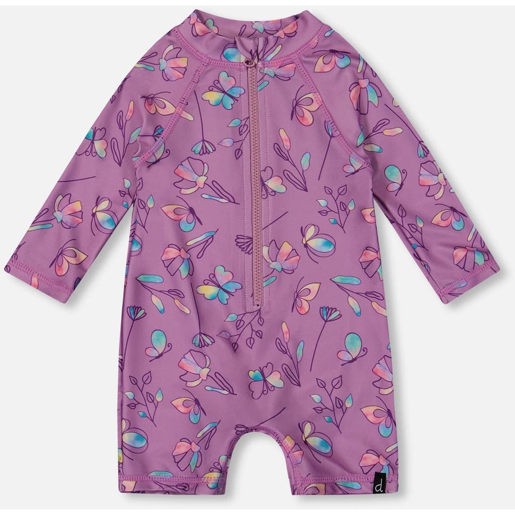 Deux Par Deux Girls' Printed Long Sleeve One-piece Rashguard - Baby In Pink