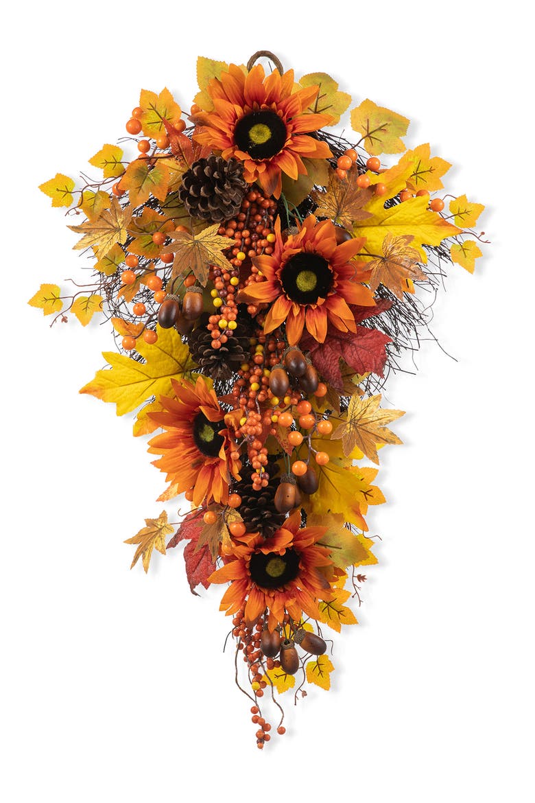 27"H Fall Sunflower Maple Leaf and Berry Teardrop, Main, color, Orange