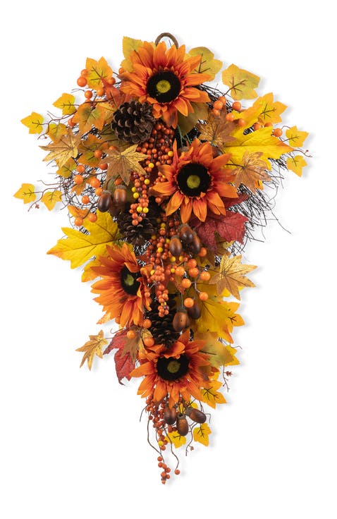27"H Fall Sunflower Maple Leaf and Berry Teardrop