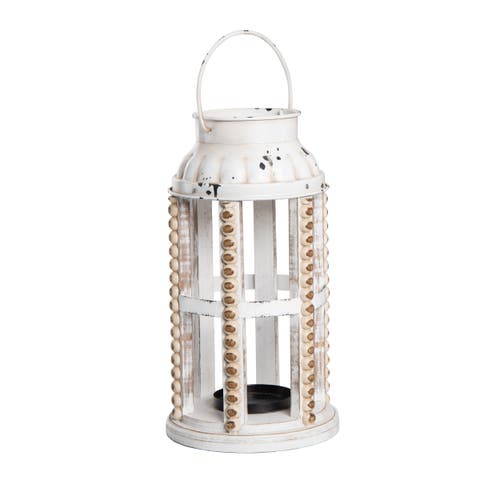 Transpac White Rustic Hobnail Decorative Lantern Wooden Candle Holder In White