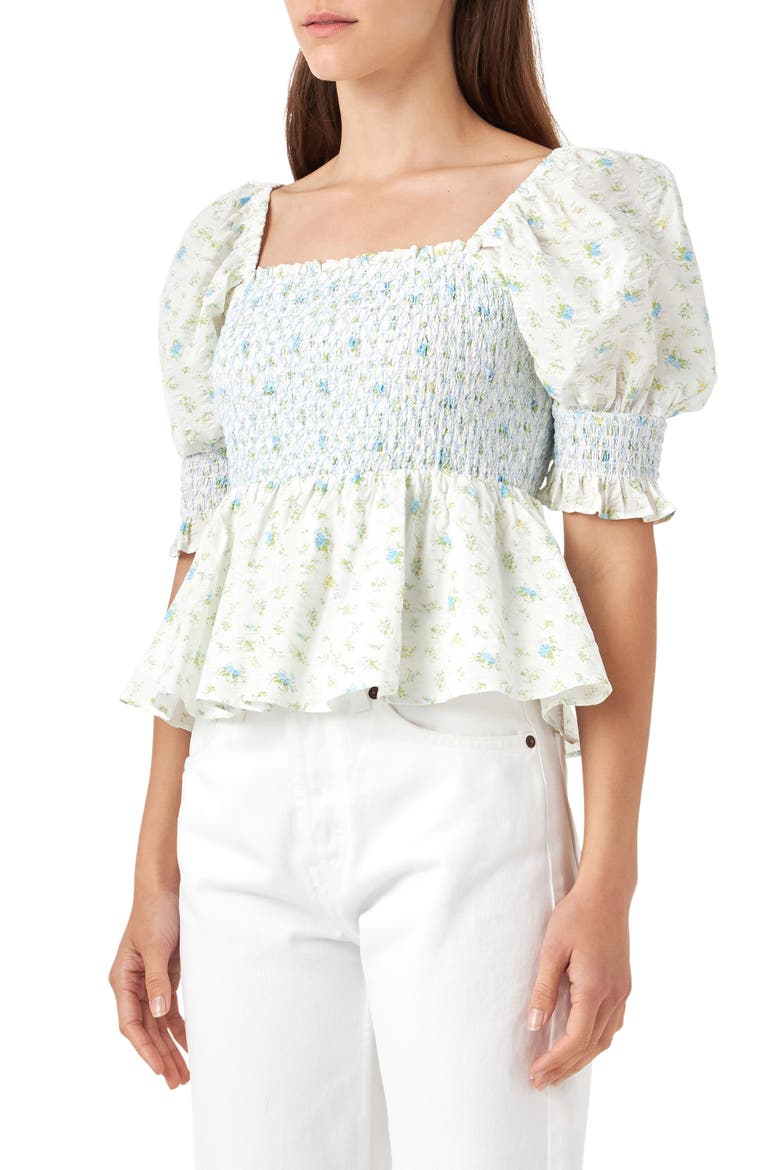 Floral Print Puff Sleeve Peplum Blouse, Alternate, color, BLUE MULTI