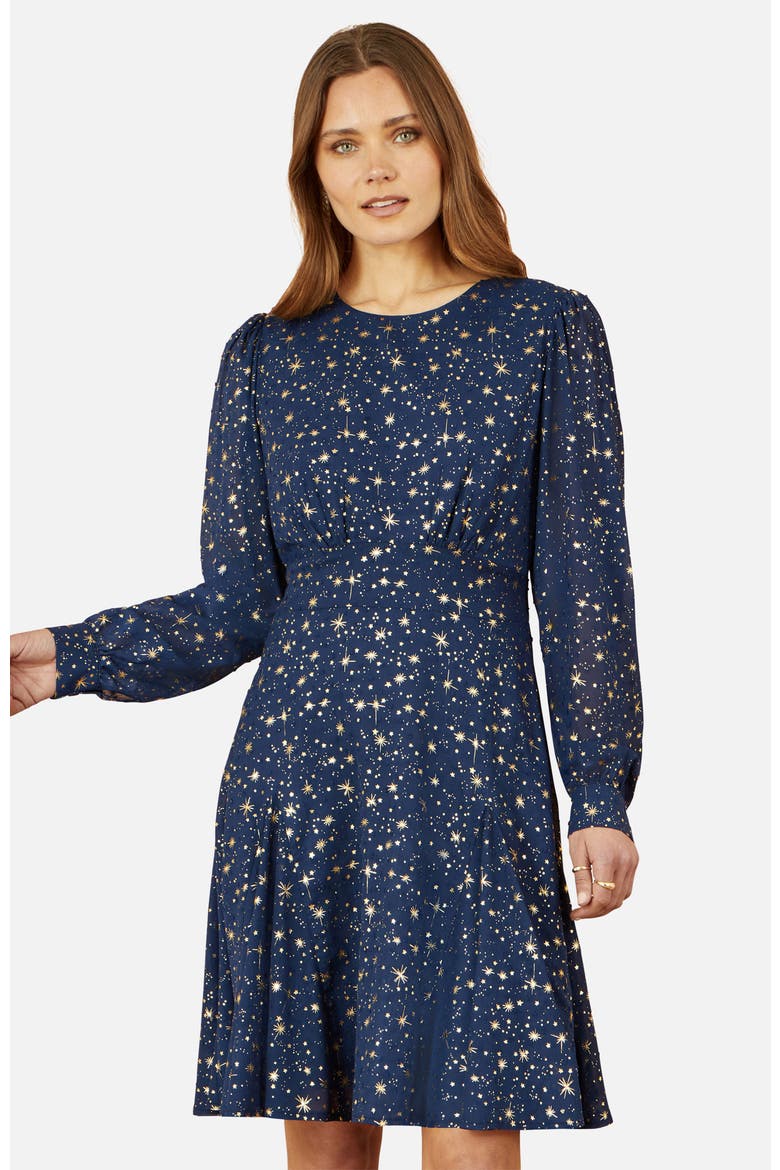 Star Print Foil Long Sleeve Dress, Alternate, color, Navy