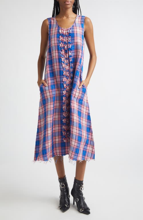 R13 Frayed Ruffle Plaid Midi Dress In Blue