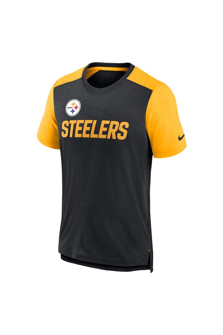 Men's Nike Heathered Black/Heathered Gold Pittsburgh Steelers Color Block Team Name T-Shirt, Alternate, color, Heather Black