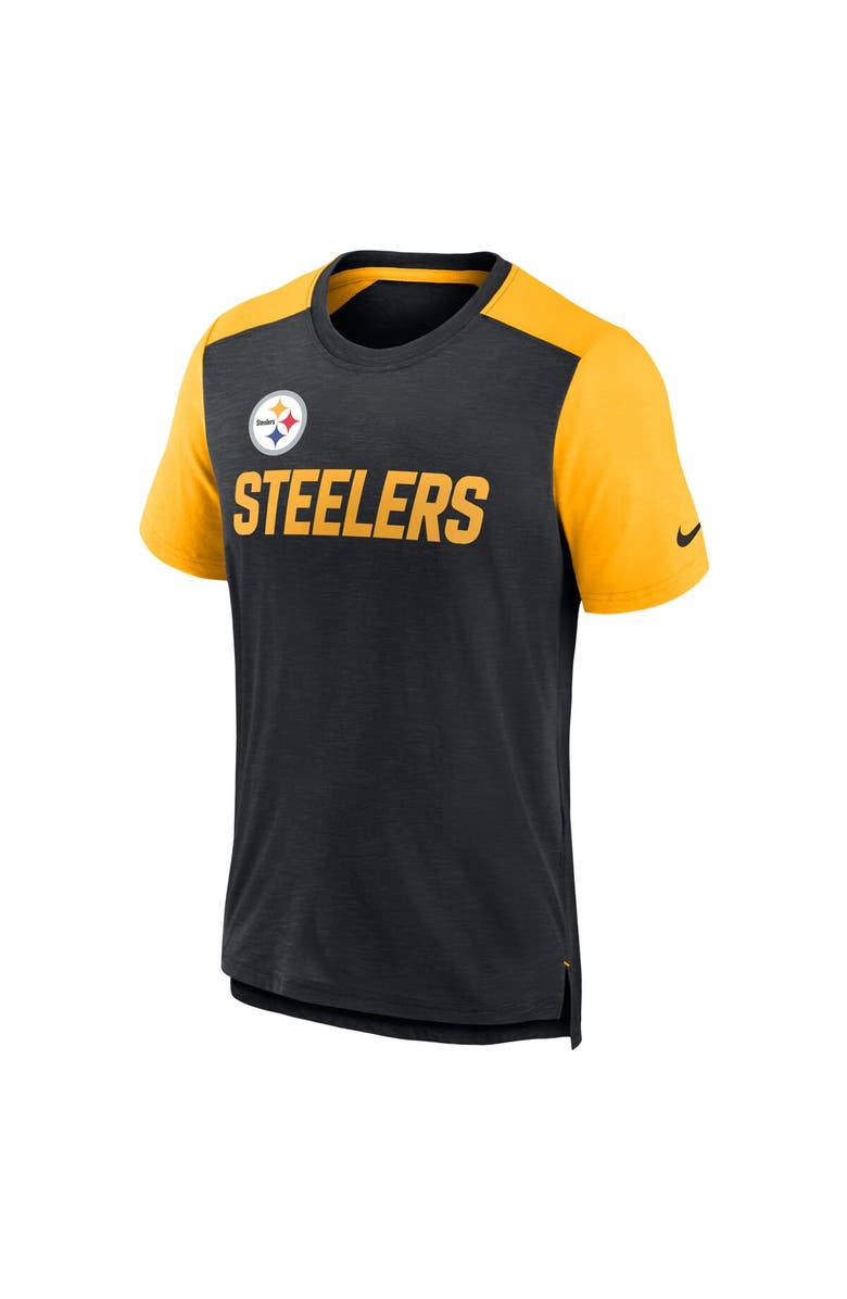 Nike Men's Nike Heathered Black/Heathered Gold Pittsburgh Steelers Color Block Team Name T-Shirt, Alternate, color, Heather Black