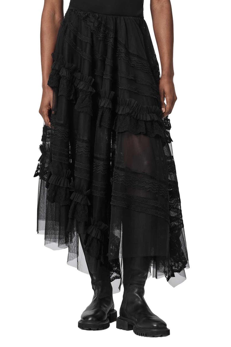 Jen Ruffle Lace Midi Skirt, Main, color, BLACK