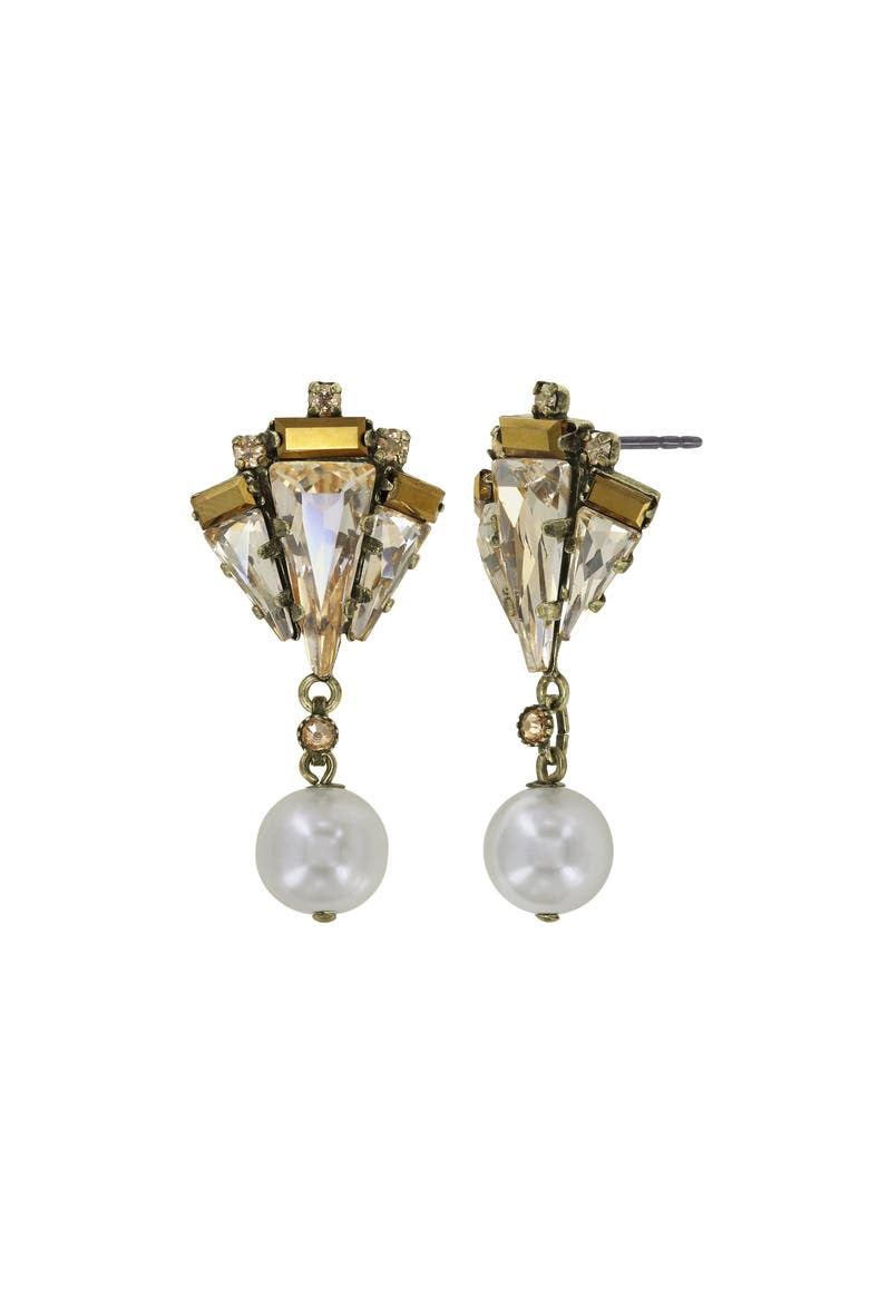 Dangling Spikes and Pearls Stud Earrings, Main, color, Beige/white / Antique Brass