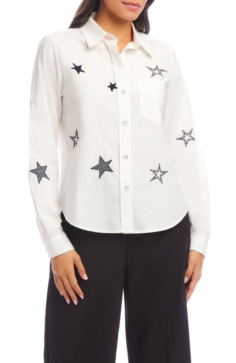 Karen Kane Star Embroidered Cotton Button-Up Shirt, Main, color, Off White W/ Nav