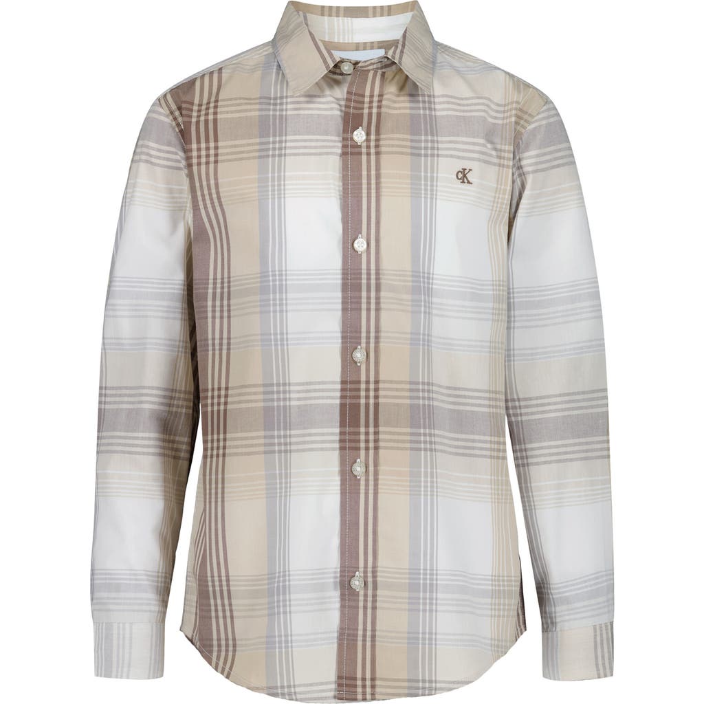 Calvin Klein Kids' Plaid Long Sleeve Button-up Shirt In Gray
