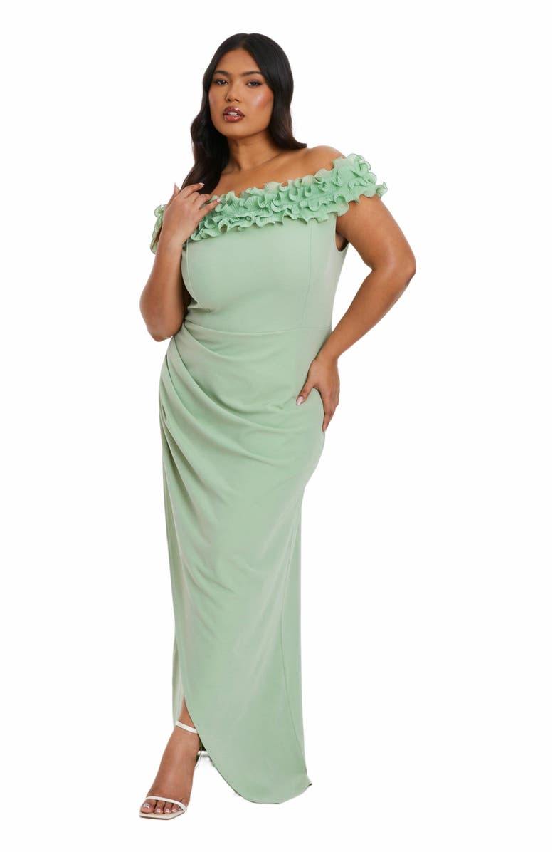 QUIZ Plus Size Ruffle Bardot Ruched Maxi Dress, Main, color, 