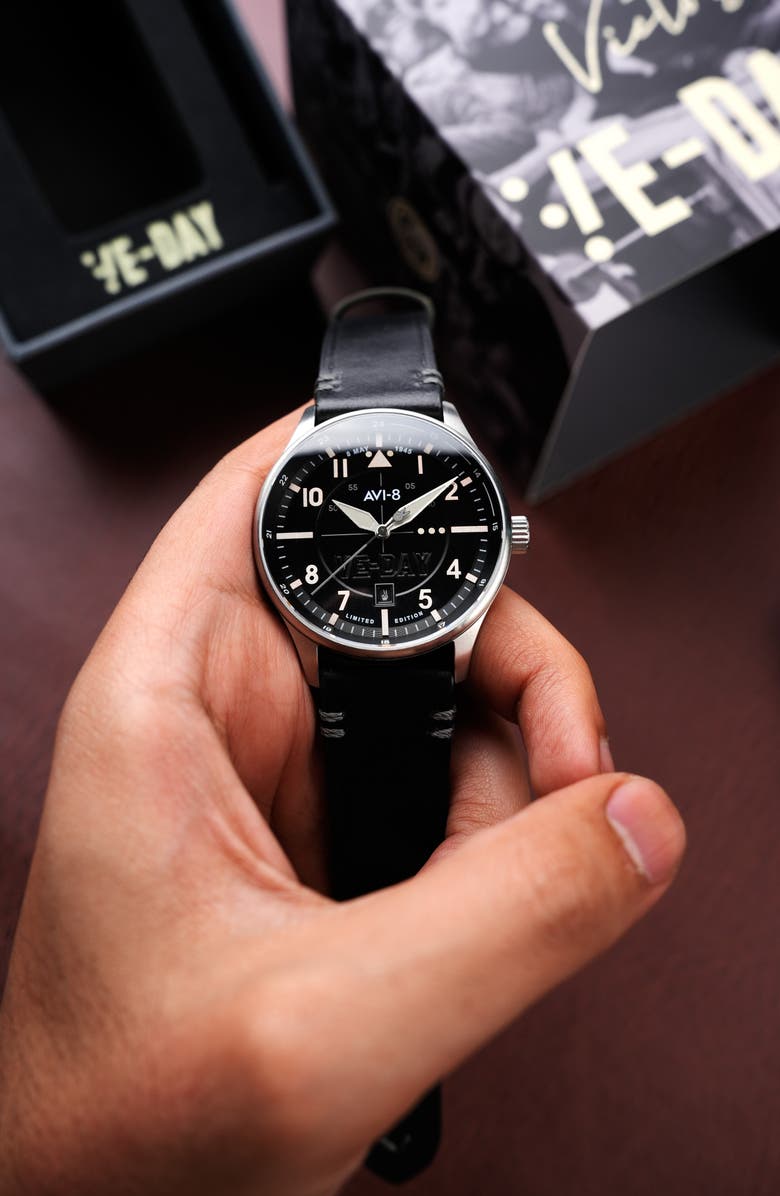 AVI-8 Hawker Hurricane Kent Leather Strap Watch, 43mm, Alternate, color, Black