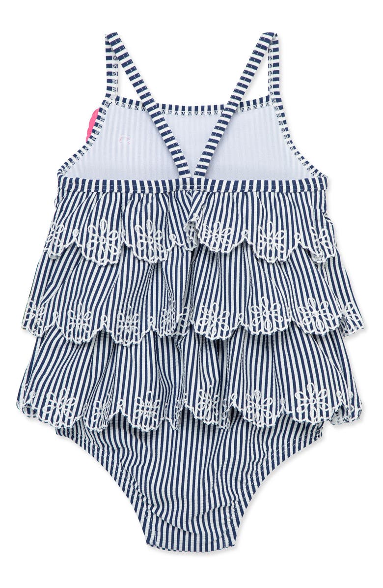 Little Me Kids' Tiered Ruffle Stripe One-Piece Swimsuit, Alternate, color, Navy