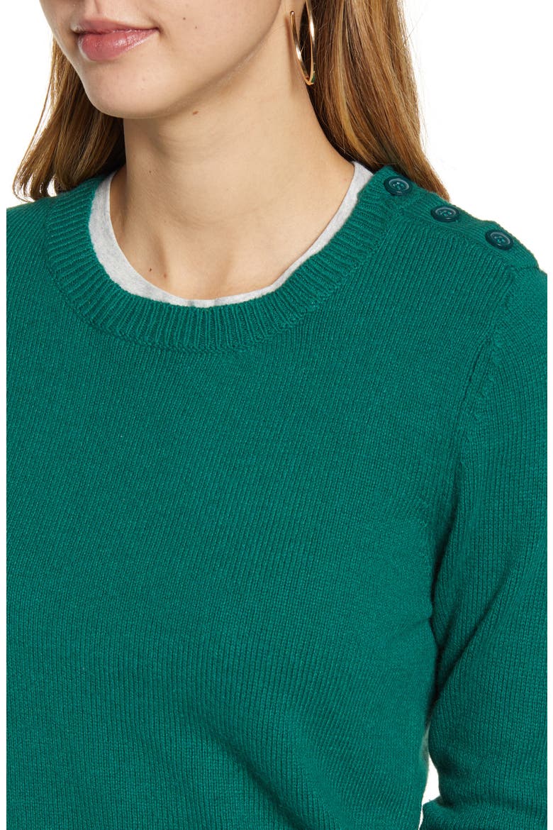 Shoulder Button Cotton & Wool Blend Crewneck Sweater, Alternate, color, GREEN EVERGREEN