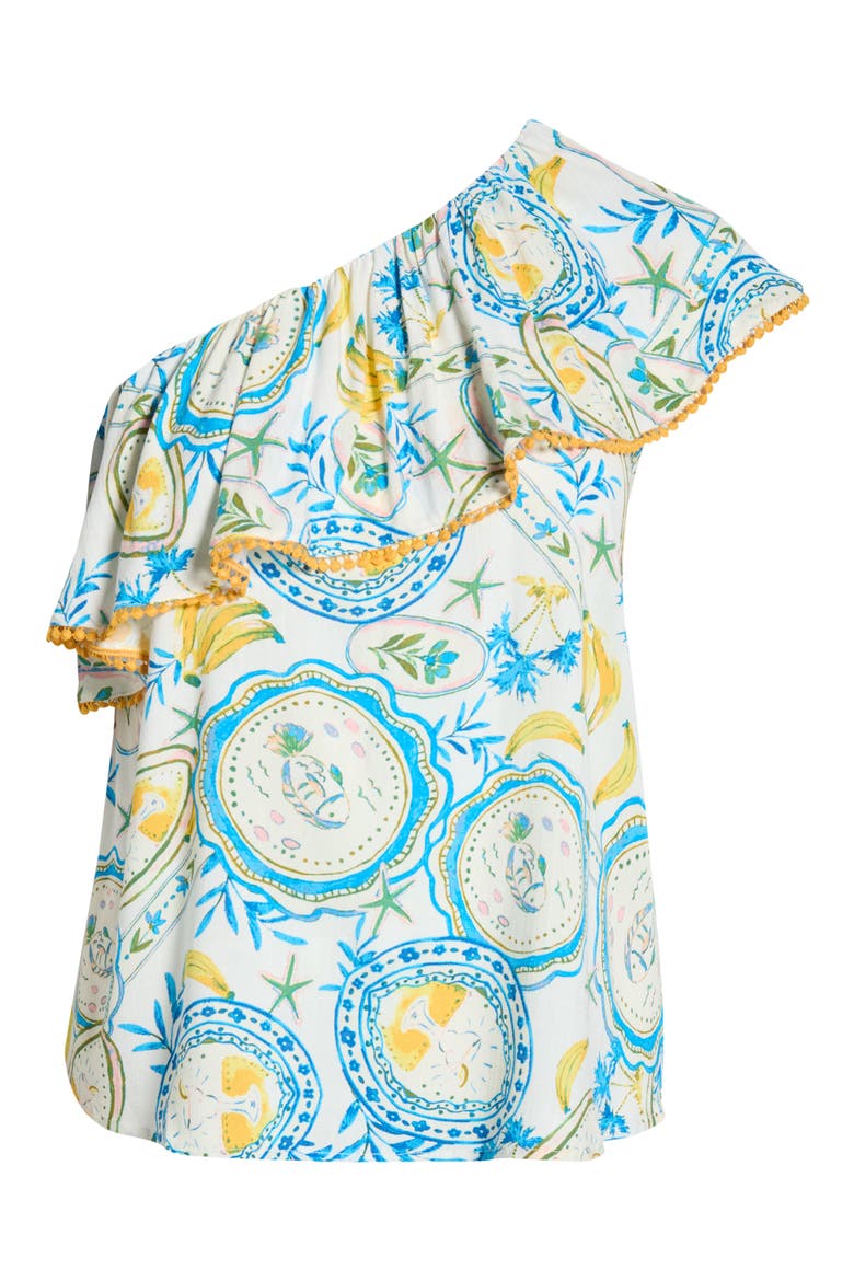 Harvest Island Brinley Ruffle One-Shoulder Top, Alternate, color, WHITE/ BLUE/ YELLOW