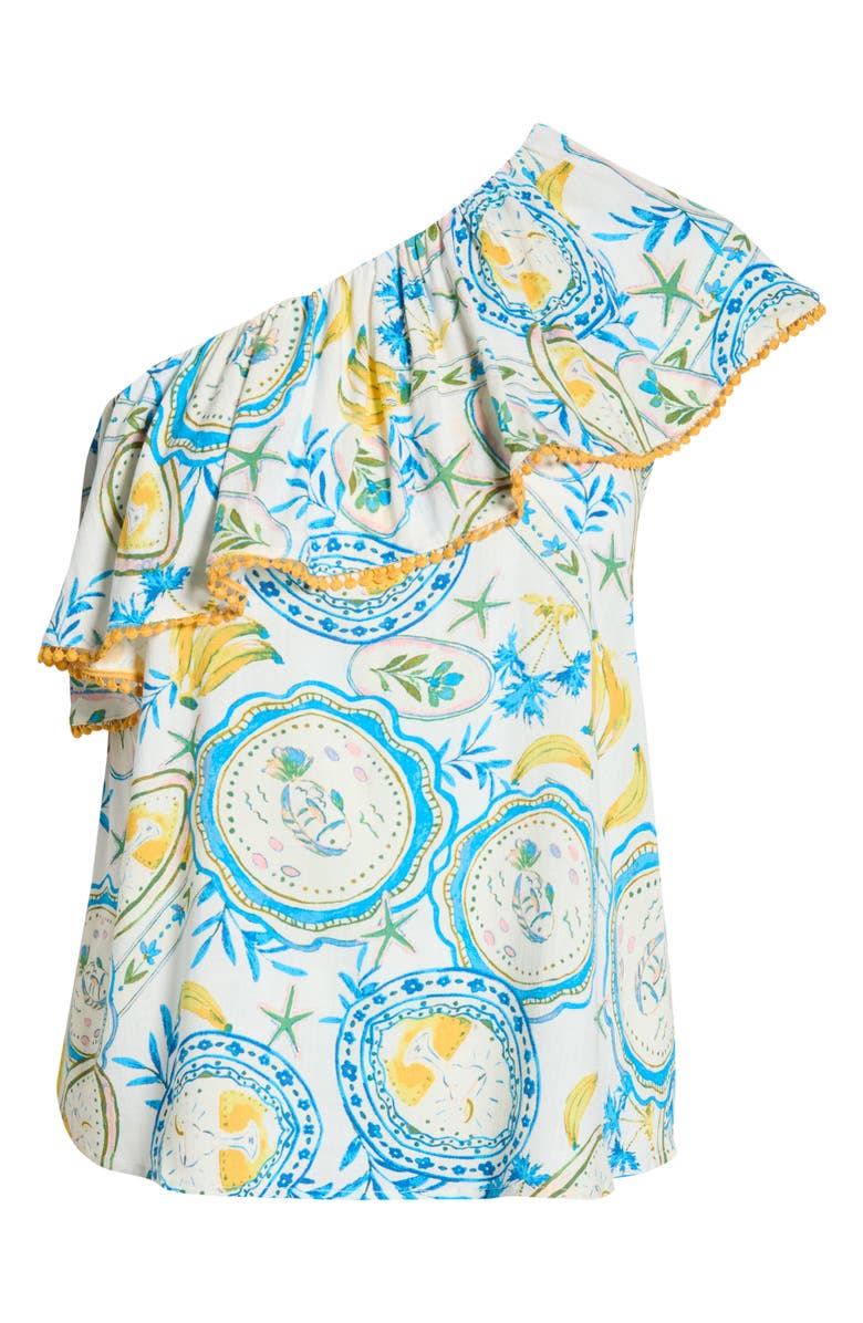 SUGARLIPS Harvest Island Brinley Ruffle One-Shoulder Top, Alternate, color, White/ Blue/ Yellow